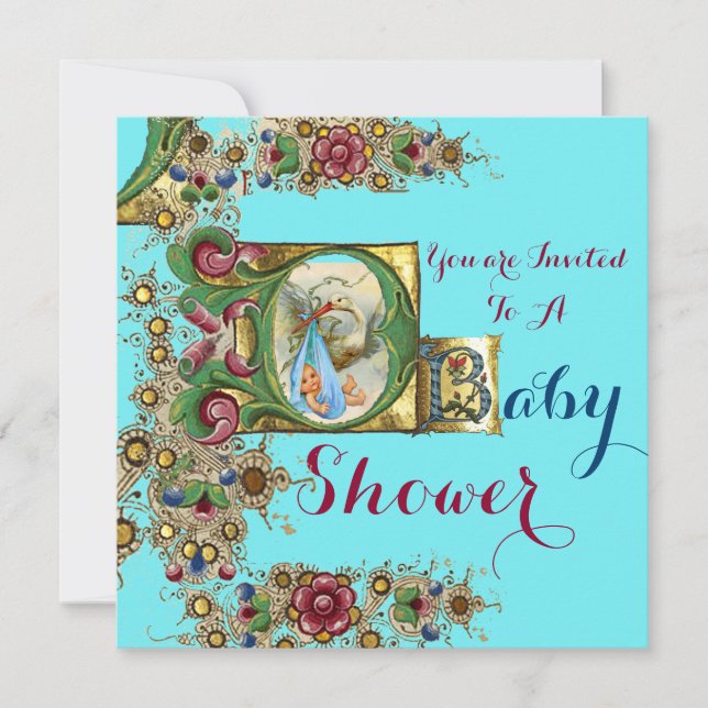 BLUE GOLD STORK BOY BABY SHOWER FLORAL MONOGRAM INVITATION (Front)