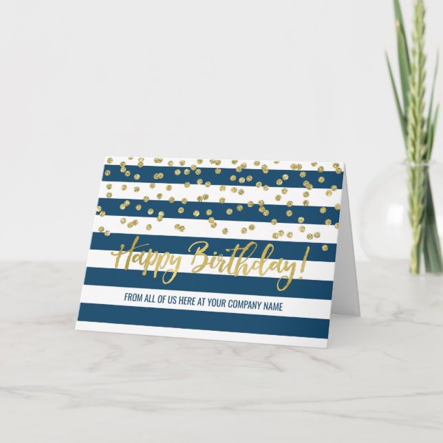 Blue Gold Stripes Business Group Birthday Card (Front)