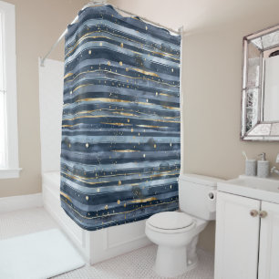 Blue Gold Stripes Dots Shower Curtain