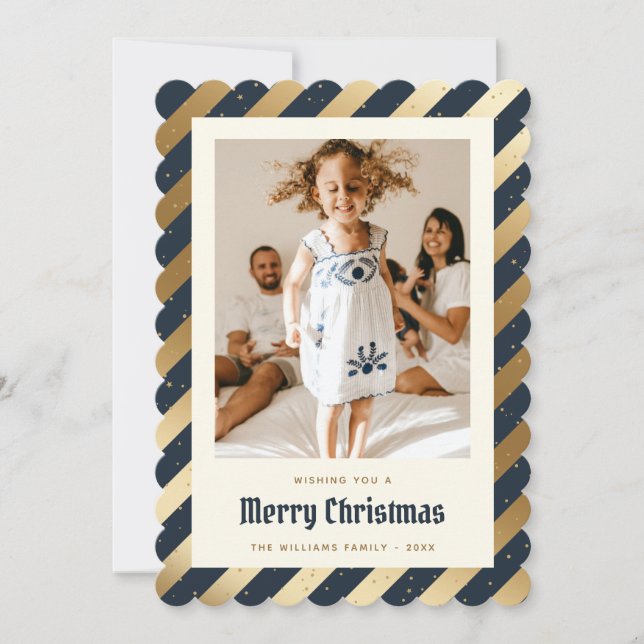 Blue Gold Stripes Merry Christmas Holiday Card (Front)