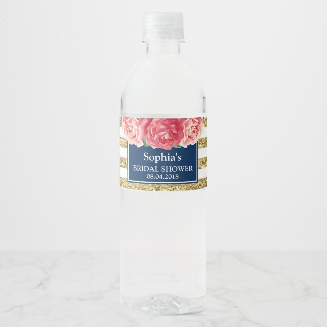 Blue Gold Stripes Pink Floral Bridal Shower Water Bottle Label (Front)