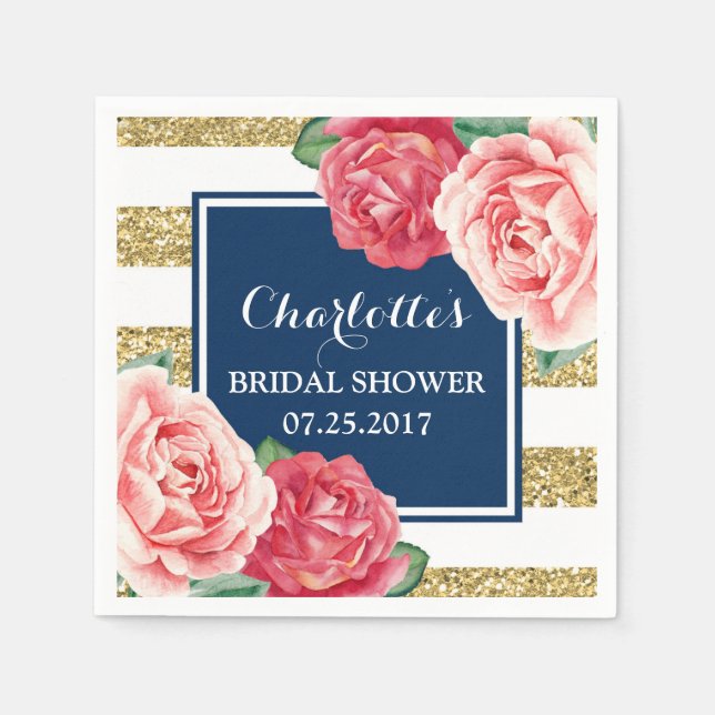Blue Gold Stripes Pink Flowers Bridal Shower Napkin (Front)