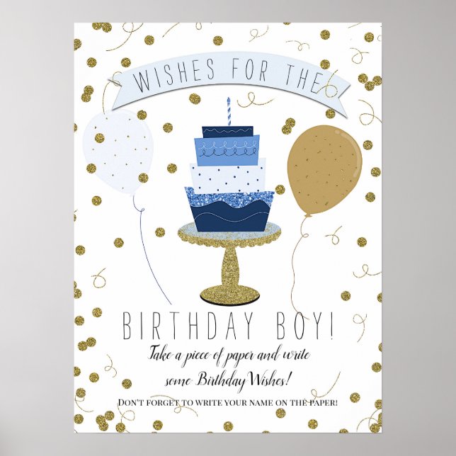 Blue & Gold Sugar is Sweet 1st First Birthday Cake Poster (Front)