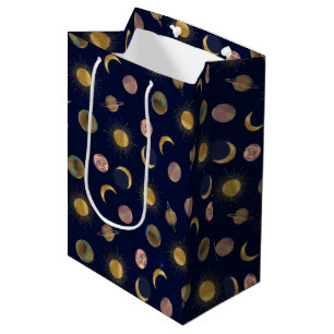 Blue Gold Sun Moon Planets Space illustration Medium Gift Bag