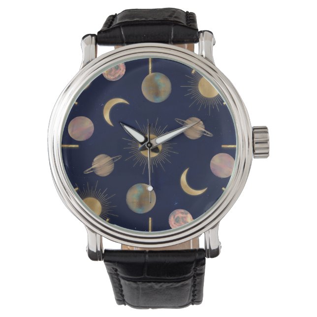 Blue Gold Sun Moon Planets Space illustration Watch (Front)