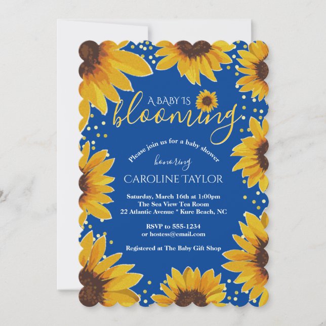 Blue & Gold Sunflower Baby Blooming Baby Shower Invitation (Front)