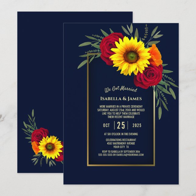 Blue Gold Sunflower Red Rose Wedding Reception Invitation (Front/Back)