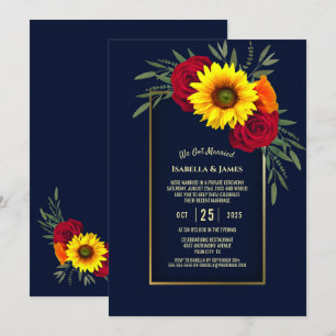Blue Gold Sunflower Red Rose Wedding Reception Invitation