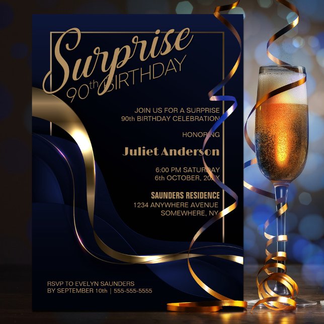 Blue Gold Surprise 90th Birthday Party Invitation (Creator Uploaded)