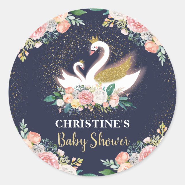 Blue Gold Swan Princess Pink Floral Baby Shower Classic Round Sticker (Front)