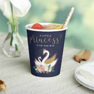 Blue Gold Swan Princess Pink Floral Baby Shower Paper Cups