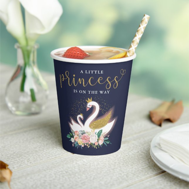 Blue Gold Swan Princess Pink Floral Baby Shower Paper Cups (Insitu)