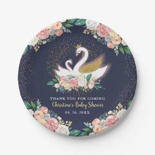Blue Gold Swan Princess Pink Floral Baby Shower Paper Plate