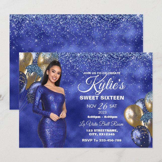 Blue & Gold Sweet 16 Girl Birthday Invitation (Front/Back)