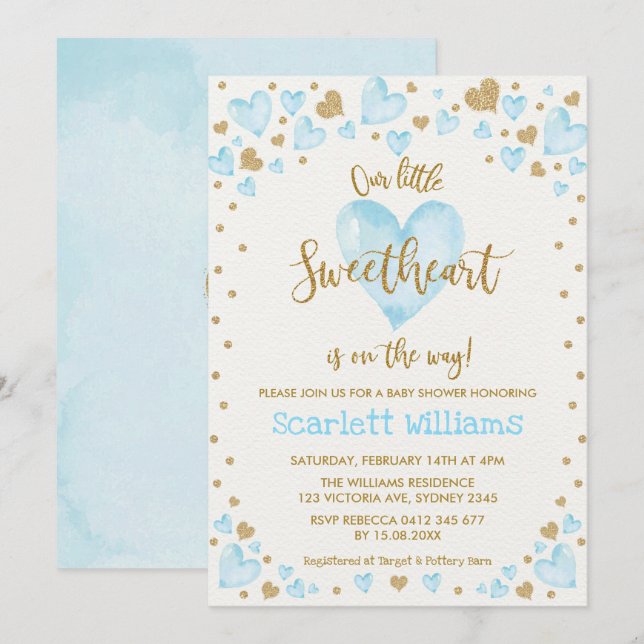 Blue Gold Sweetheart Valentines Boy Baby Shower Invitation (Front/Back)