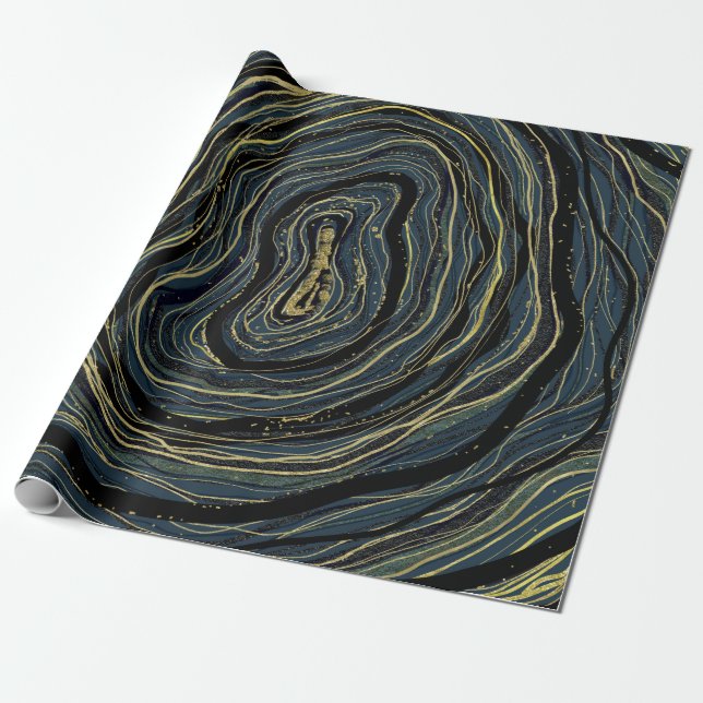 Blue Gold Swirl Glam Art Birthday Party Wrapping Paper (Unrolled)