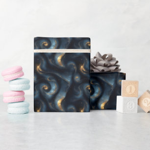 Blue & Gold Swirling Galaxies Wrapping Paper