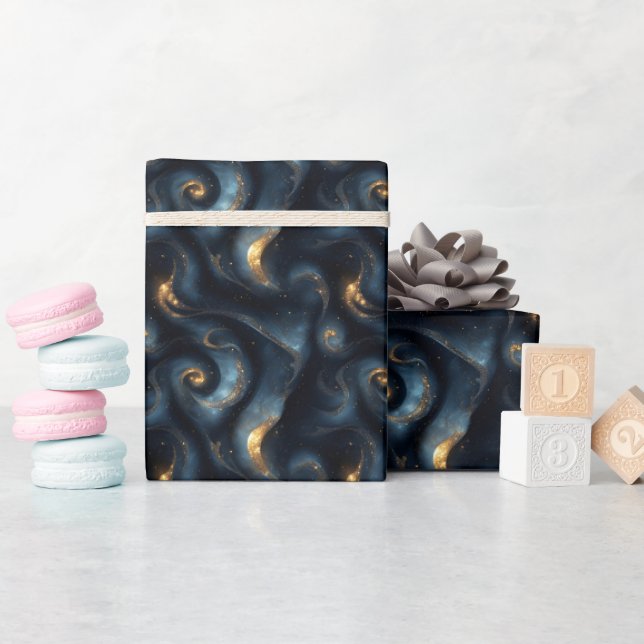 Blue & Gold Swirling Galaxies  Wrapping Paper (Baby Shower)