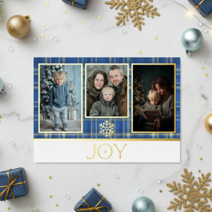 Blue & Gold Tartan Plaid Christmas Joy Photo Foil Holiday Card
