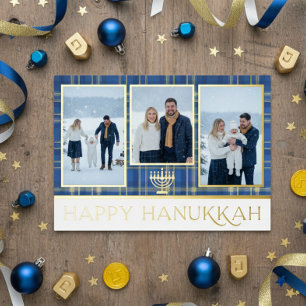 Blue & Gold Tartan Plaid Happy Hanukkah Photo Foil Holiday Card