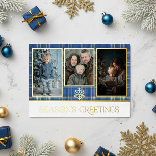 Blue & Gold Tartan Plaid Season's Greetings Photo Foil Holiday Card