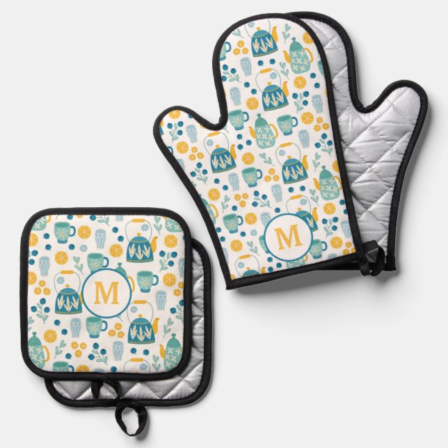 Blue Gold Tea Time Pattern Monogram Oven Mitt & Pot Holder Set (Front/Back)
