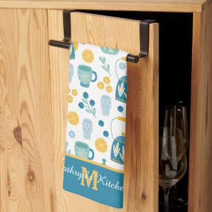 Blue Gold Tea Time Pattern Monogram Tea Towel