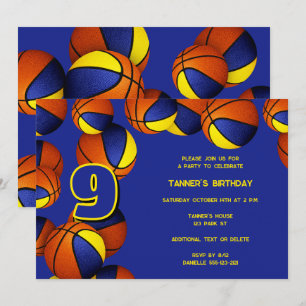 blue gold team colours basketballs kids party invitation