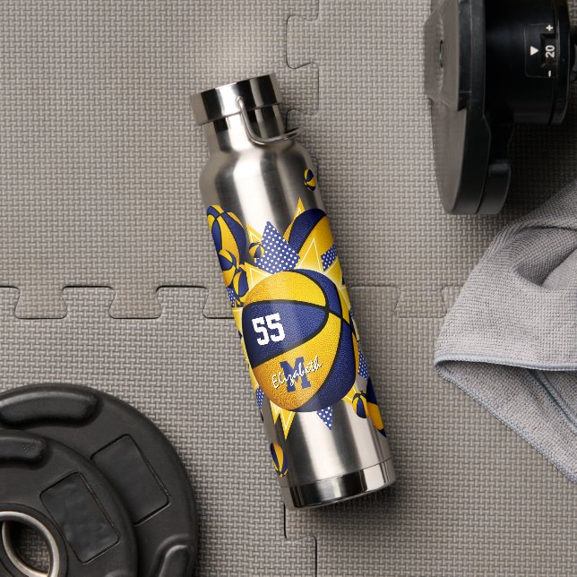 blue gold team colours basketballs stars girl's water bottle (Gym)