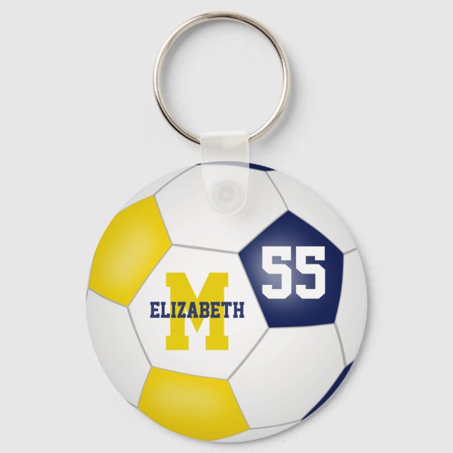 blue gold team colours girls boys soccer ball key ring (Front)