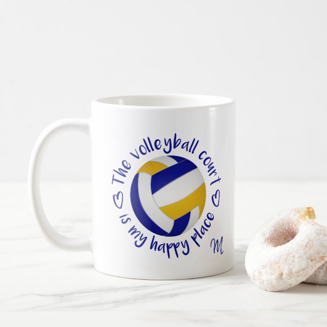 blue gold team colours volleyball court happy plac coffee mug (With Donut)