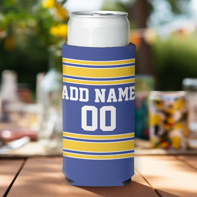Blue Gold Team Jersey with Custom Name Number Seltzer Can Cooler (Football Birthday Party Personalized can coolers - add your name)