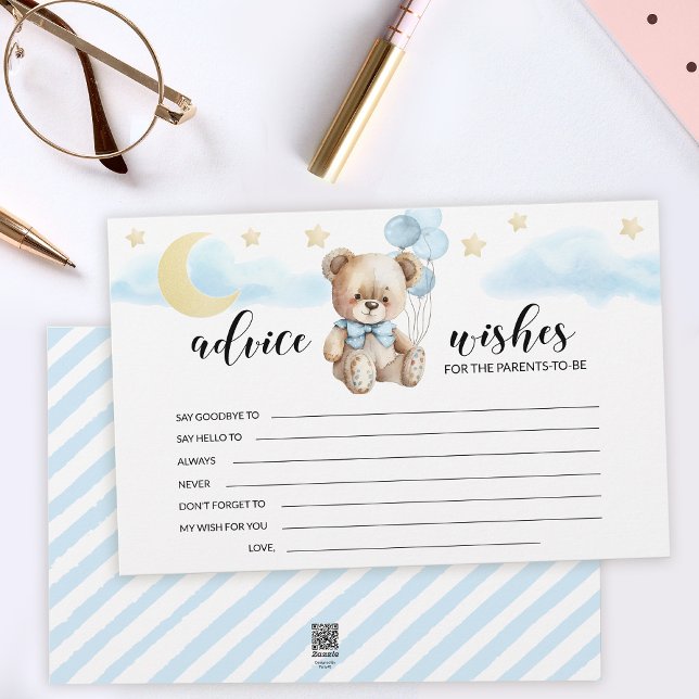 Blue gold teddy bear baby shower advice wish cards (Creator Uploaded)