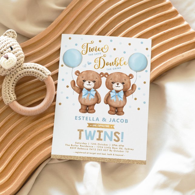 Blue Gold Teddy Bear Balloon Boy Twin Baby Shower Invitation (Creator Uploaded)