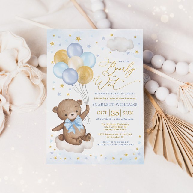 Blue Gold Teddy Bear Balloons Boy Baby Shower Invi Invitation (Creator Uploaded)
