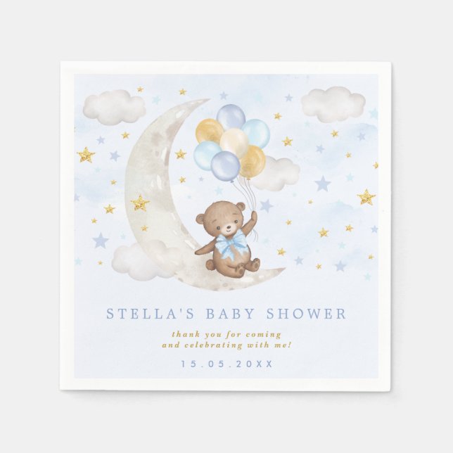 Blue Gold Teddy Bear Balloons Moon Stars Party Napkin (Front)