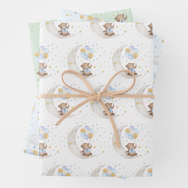 Blue Gold Teddy Bear Balloons Moon Stars Party Wrapping Paper Sheet (In situ)