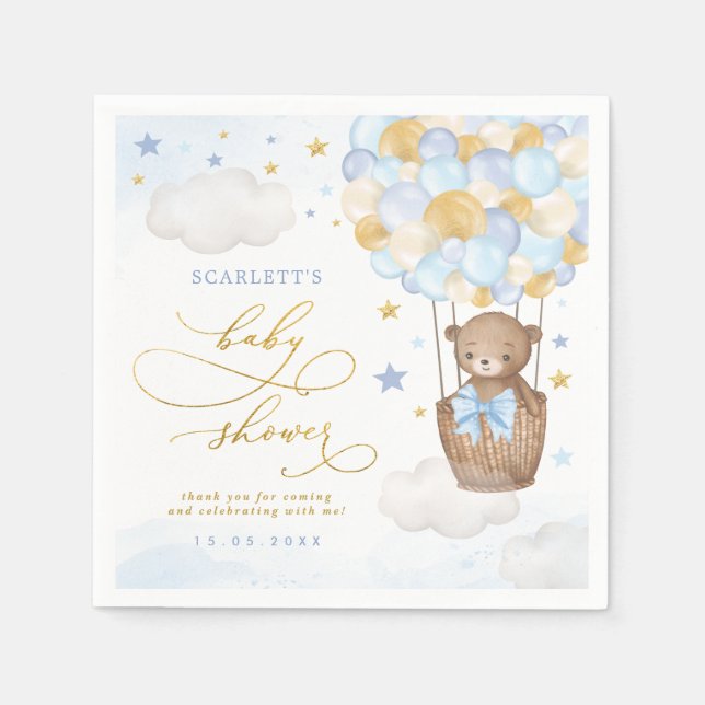 Blue Gold Teddy Bear Hot Air Balloon Baby Boy Napkin (Front)