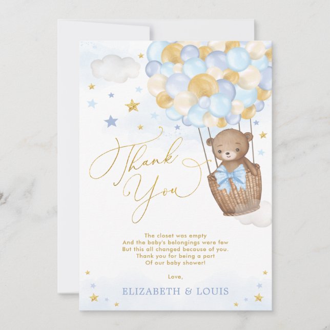 Blue Gold Teddy Bear Hot Air Balloon Baby Boy Thank You Card (Front)
