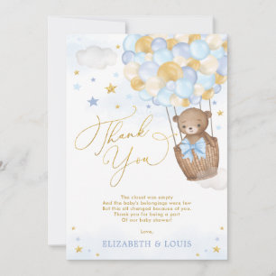 Blue Gold Teddy Bear Hot Air Balloon Baby Boy Thank You Card