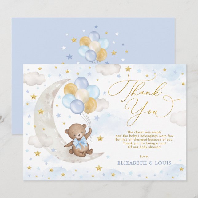 Blue Gold Teddy Bear Moon Balloons Clouds Stars Thank You Card (Front/Back)