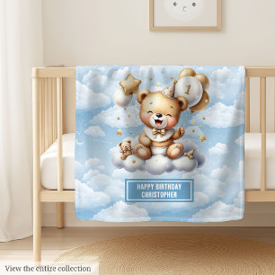 Blue Gold Teddy Bear With Number 1 Birthday  Fleece Blanket