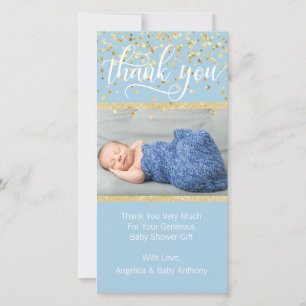Blue Gold THANK YOU Baby Shower BOY PHOTO Card