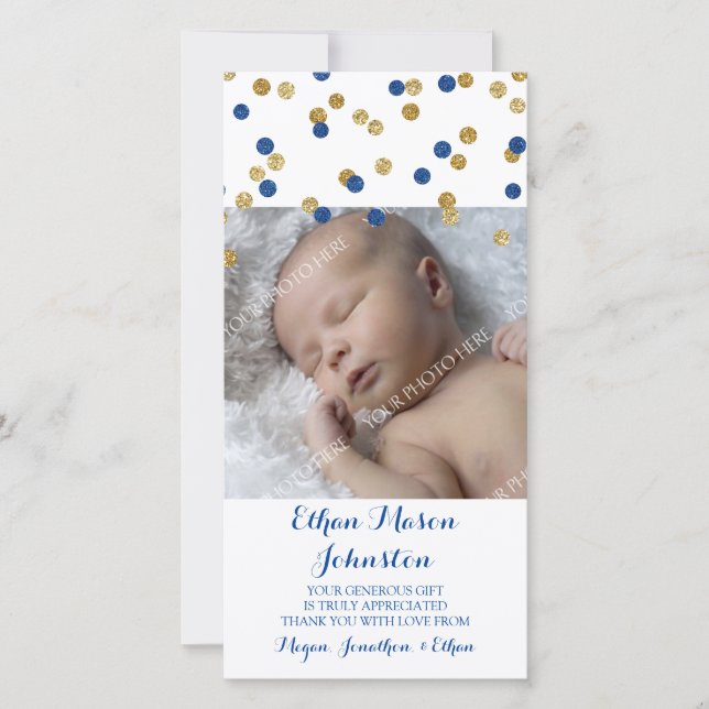 Blue Gold Thank You Baby Shower Photo Cards (Front)