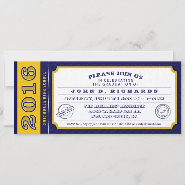 Blue & Gold Ticket Graduation Party Invitation (Front)