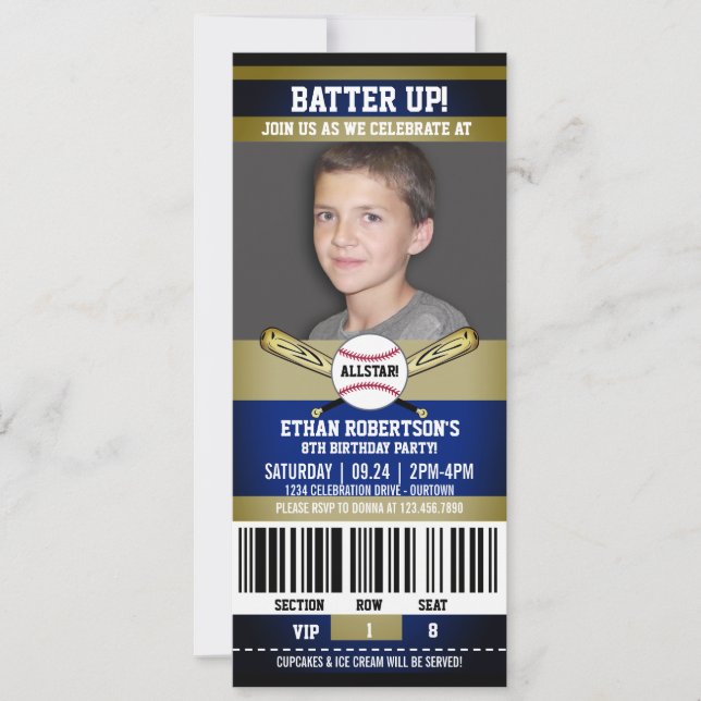 Blue|Gold Ticket Style Baseball Birthday Party Invitation (Front)
