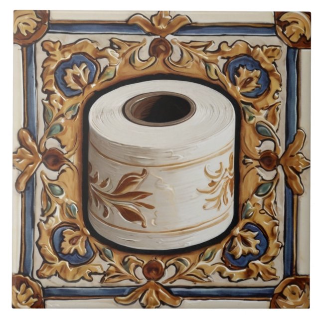 Blue Gold Toilet Paper Roll Funny Bathroom Tile (Front)