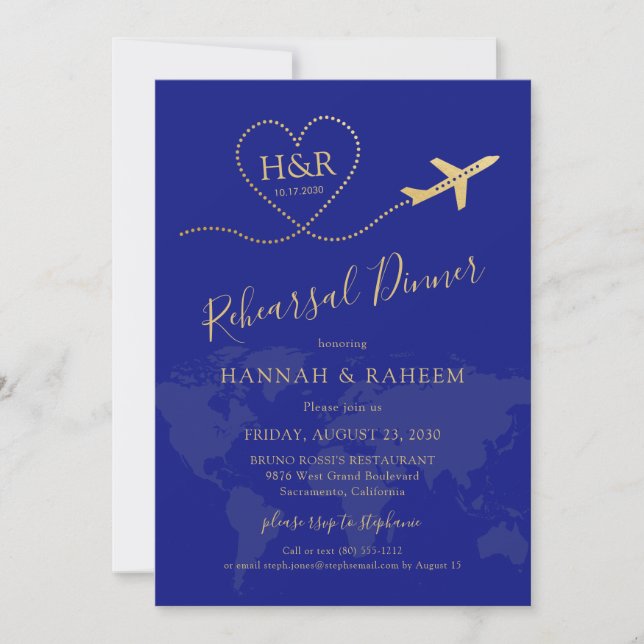 Blue Gold Travel Theme Rehearsal Dinner Invitation (Front)