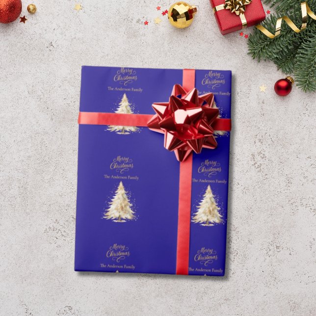Blue gold tree snow Christmas Wrapping Paper (Creator Uploaded)