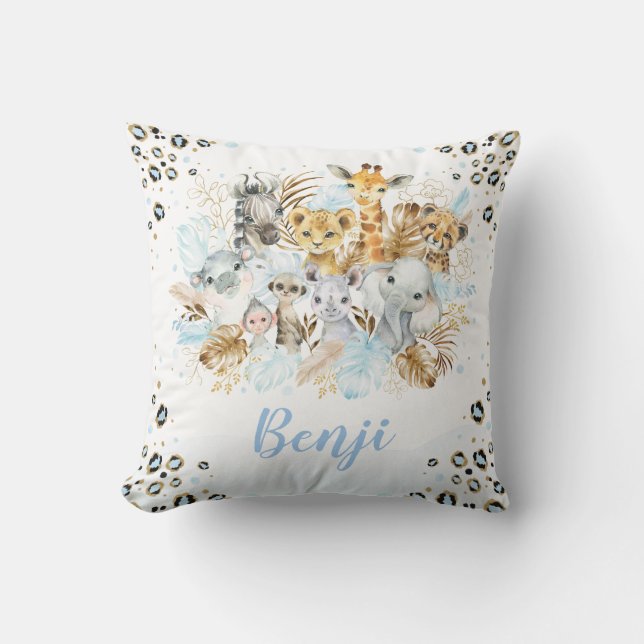 Blue Gold Tropical Jungle Safari Animals Nursery Cushion (Front)
